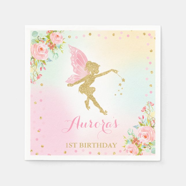 Fairy Birthday Party Napkin Pink und Gold Fairy Serviette (Vorderseite)