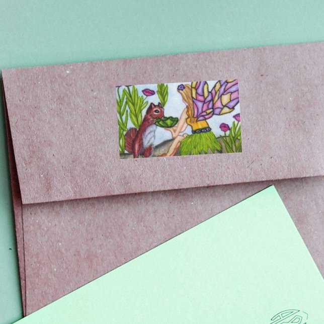 Fairy-Blätter Eichhörnchen Gestrickte Glasscherben Rechteckiger Aufkleber (Fairy stained glass look wings sharing a drink with a squirrel on rectangle stickers.)