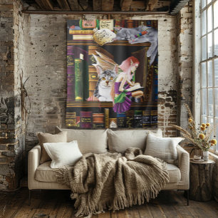 Fairy Cats Books Library Fantasy Wandteppich