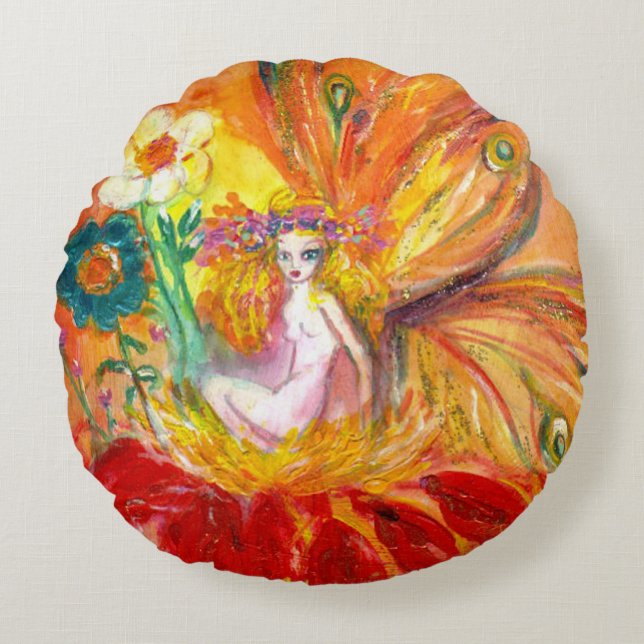 FAIRY DER BLUME Red Yellow Fantasy Rundes Kissen (Vorderseite)