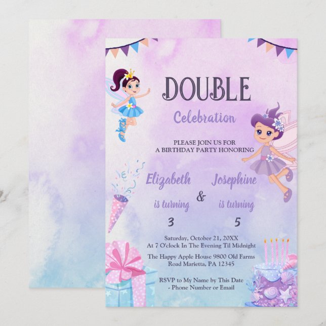 Fairy Double Birthday Party For Girls Einladung (Vorne/Hinten)