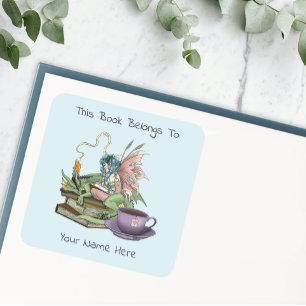Fairy-Drachen-Bücher-Teefreundschaft-Exlibris Quadratischer Aufkleber