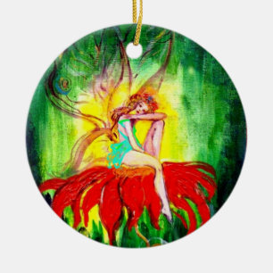 FAIRY DREAMING AUF EINER ROTEN BLUME, VIBRANT RUBY KERAMIKORNAMENT