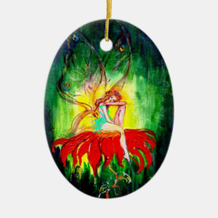 FAIRY DREAMING AUF EINER ROTEN BLUME, VIBRANT RUBY KERAMIKORNAMENT