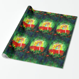 FAIRY DREAMING ON RED BLUME Green Yellow Fantasy Geschenkpapier