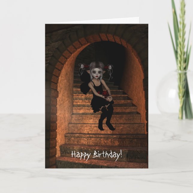 Fairy Elf DarkWolf Raven the Stairs Happy Birthday Karte (Vorderseite)