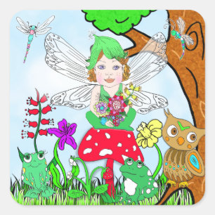 Fairy Elf Girl sitzt auf magischem Pilz Quadratischer Aufkleber
