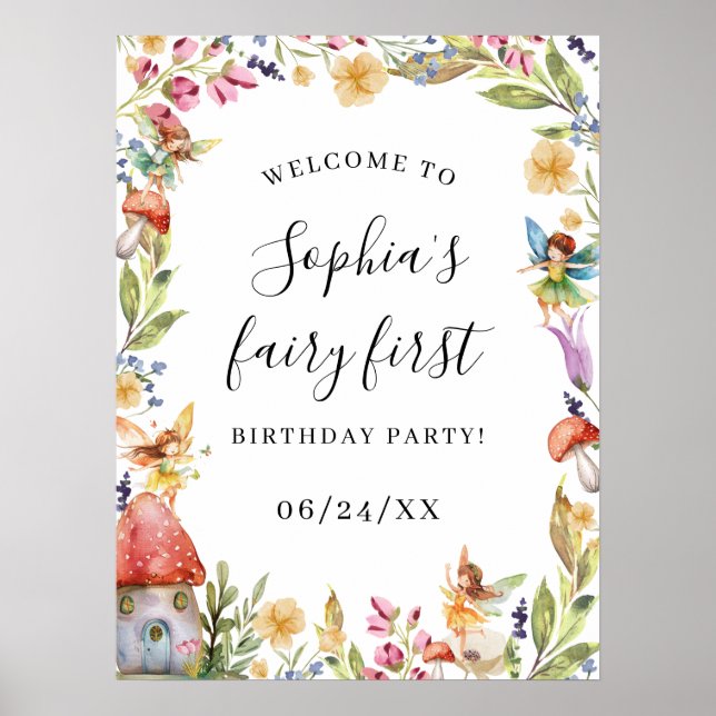 Fairy First 1. Geburtstag Sign Willkommen Poster (Vorne)