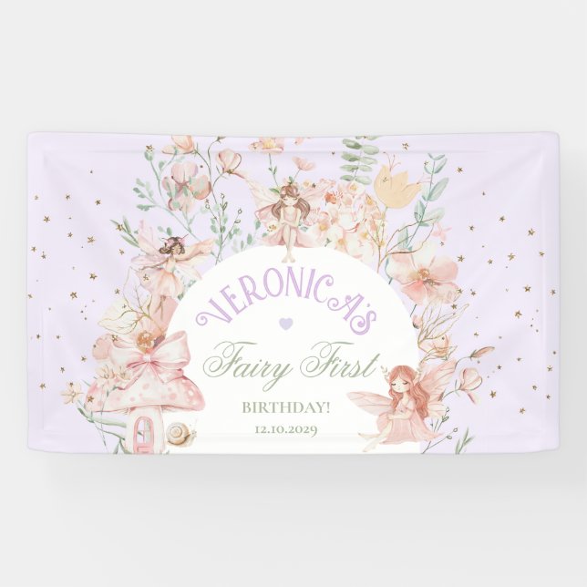 Fairy First Birthday Enchanted garden Whimsical Banner (Horizontal)