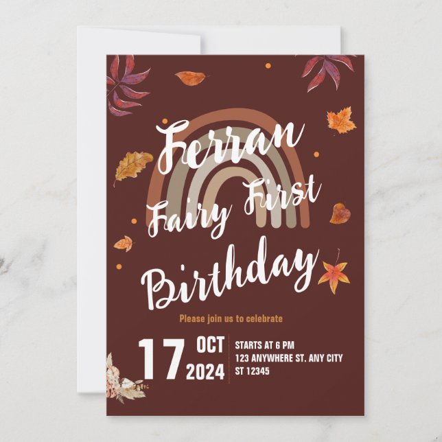 Fairy First Birthday Fall Boho Rainbow Einladung (Vorderseite)