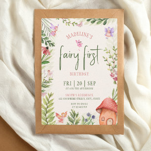 Fairy First Birthday Forest Watercolor Mushroom Einladung