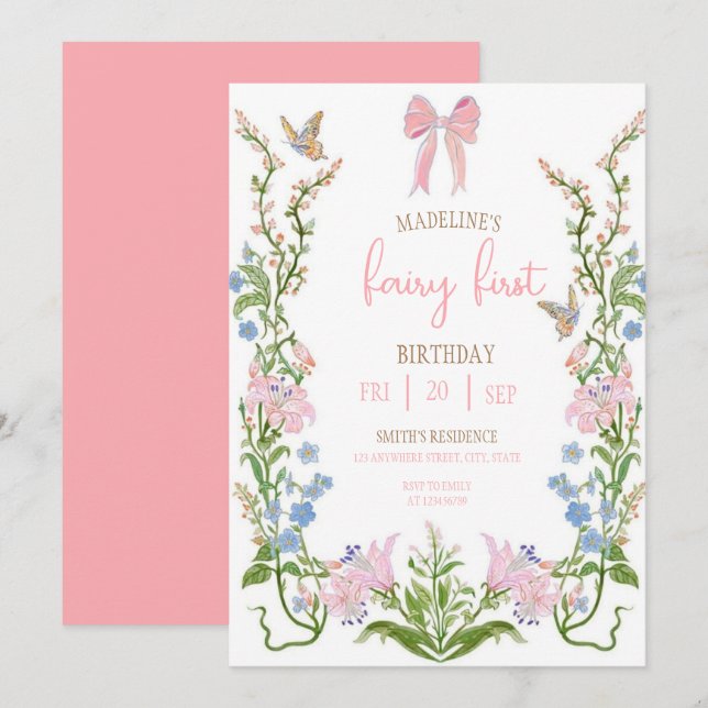 Fairy First Birthday Forest Watercolor Mushroom  Einladung (Vorne/Hinten)