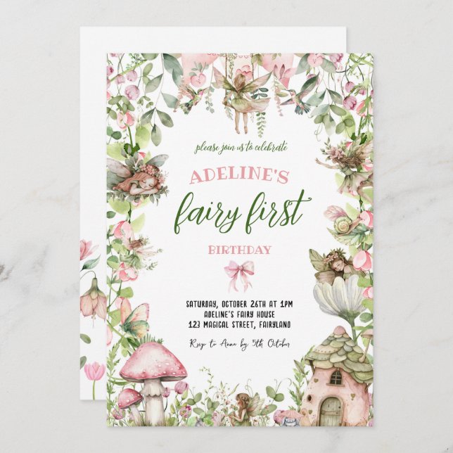 Fairy First Birthday Forest Watercolor Niedlich Gi Einladung (Vorne/Hinten)