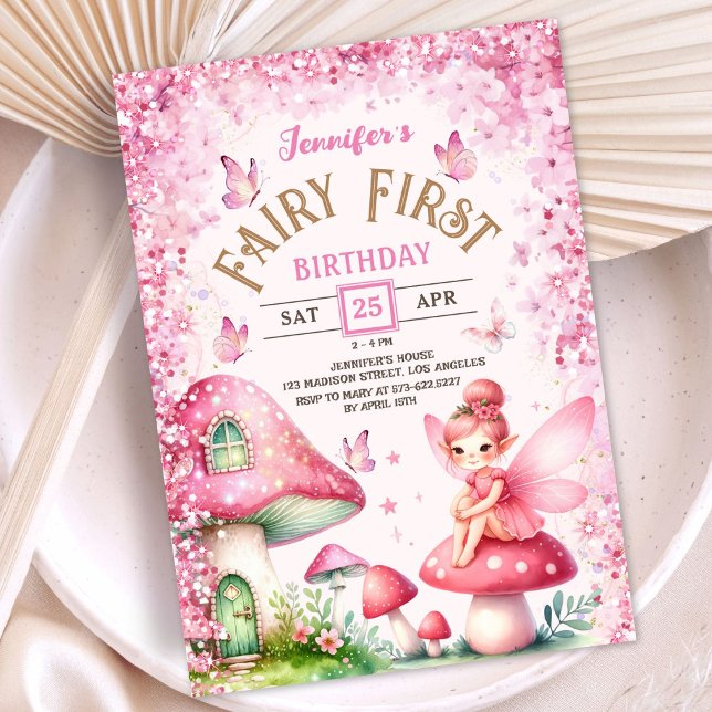 Fairy First Birthday Girls Rosa verzauberter Wald Einladung (Von Creator hochgeladen)