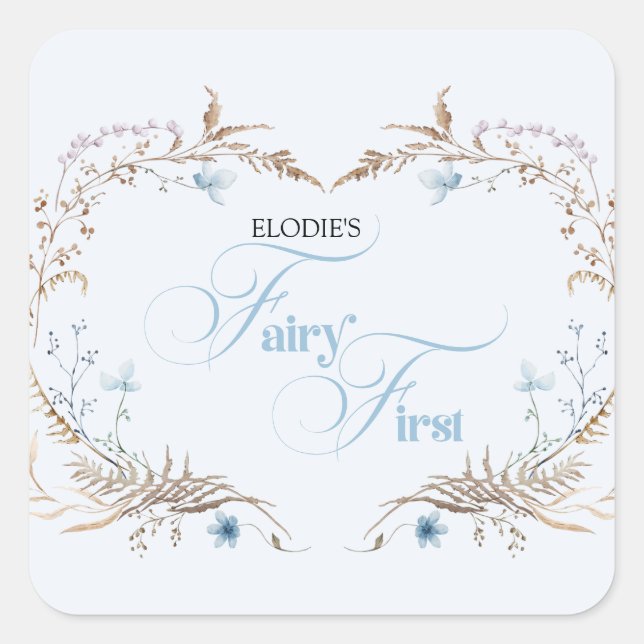 Fairy First Birthday Invitation | Elegant Blue  Quadratischer Aufkleber (Vorderseite)