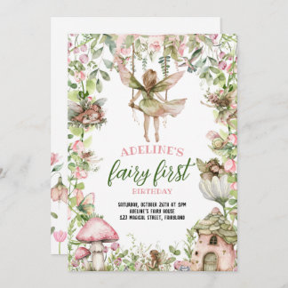 Fairy First Birthday Magical Forest Watercolor Einladung