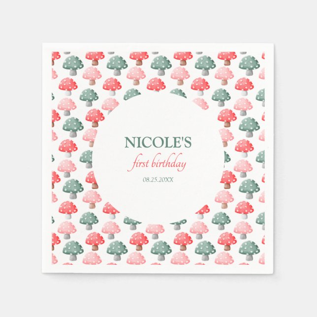 Fairy First Birthday Niedlich farbenfrohe Pilze Serviette (Vorderseite)