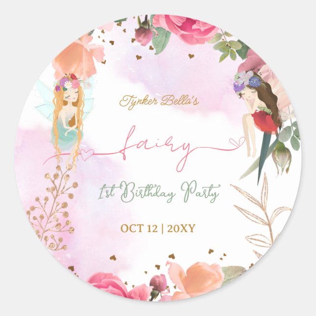 Fairy First Birthday Party Baby Girl Runder Aufkleber (Vorderseite)