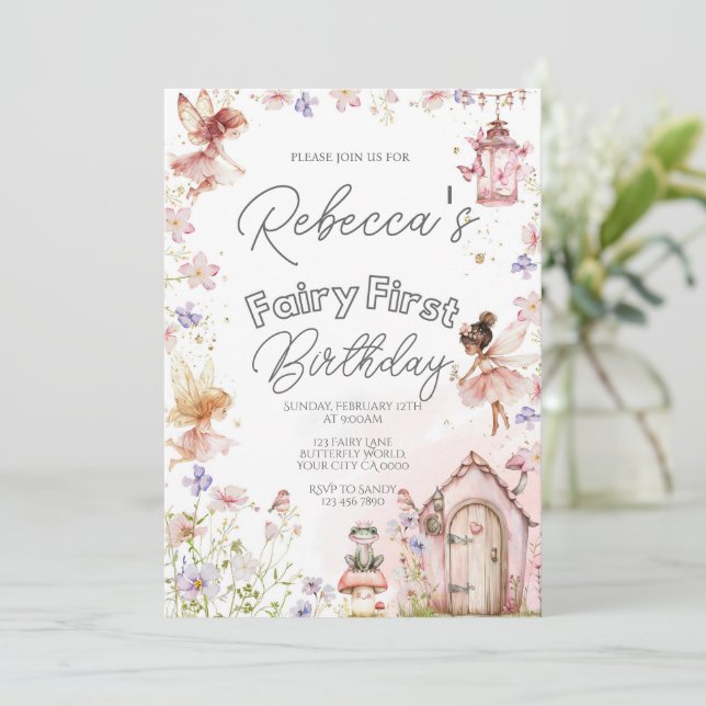 Fairy First Birthday Party Einladung (Stehend Vorderseite)