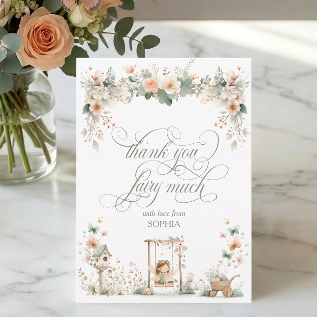 Fairy First Birthday Party Personalized Dankeskarte (elegant cute fairy first floral enchanted garden thank you fairy much card with script calligraphy)