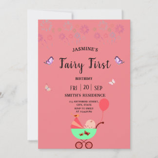 Fairy First Birthday pink party Invitation Einladung