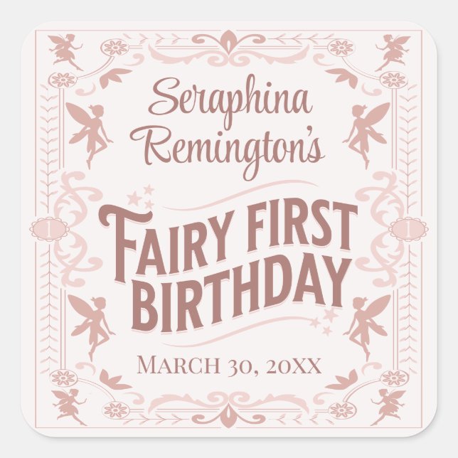 Fairy First Birthday Pink Sweet Girls Bday Party Quadratischer Aufkleber (Vorderseite)