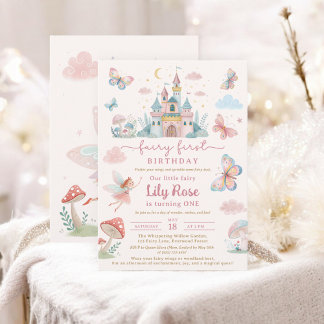 Fairy First Birthday Pink Whimsical Castle Kinder Einladung