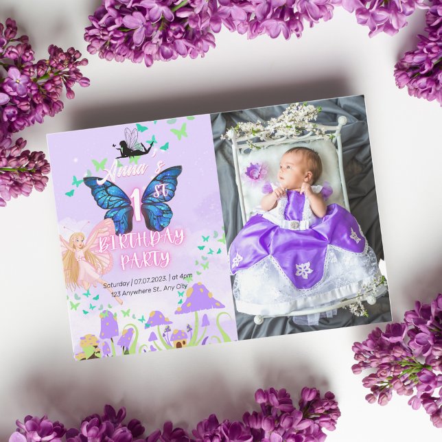Fairy First Birthday Princess Butterfly Foto Einladung (Von Creator hochgeladen)