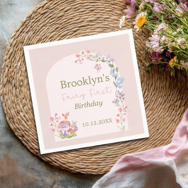 Fairy First Birthday Whimsical Mushroom Floral Serviette (Fairy First Birthday Whimsical Mushroom Floral Napkins)