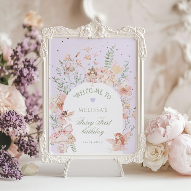 Fairy First Birthday Whimsical Purple Welcome Poster (Von Creator hochgeladen)
