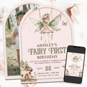 Fairy First Custom Foto Pink Sage 1. Geburtstag Einladung