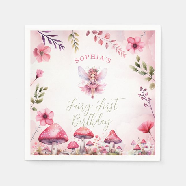 Fairy First Geburtstag verzauberter Wald Pilz Serviette (Vorderseite)