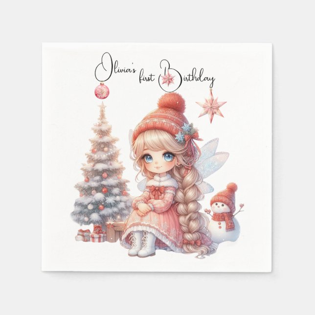 Fairy First Girl's 1. Geburtstag Serviette (Vorderseite)