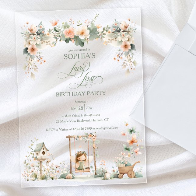 Fairy First Girl's Birthday Party Custom Acryleinladungen (elegant whimsical storybook floral garden fairy first birthday party acrylic invitation)