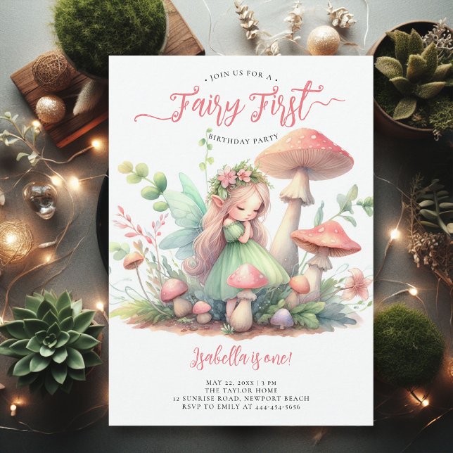 Fairy First Magical Garden Girls 1. Geburtstag Einladung (fairy first girl birthday party invitation magical forest enchanted garden mushrooms pink gold green)