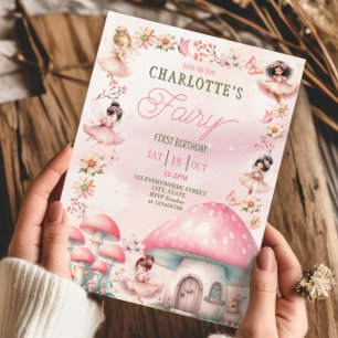 Fairy First Mushroom House Pink Birthday Einladung