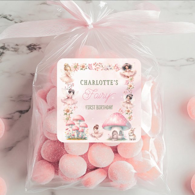 Fairy First Mushroom House Pink Birthday Quadratischer Aufkleber (Von Creator hochgeladen)