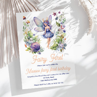 Fairy First Niedlich Watercolor 1. Geburtstag Einladung