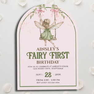 Fairy First Pastel Pink Bow Girls 1. Geburtstag Einladung