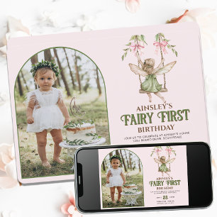 Fairy First Pink Bow Foto Girls 1. Geburtstag Einladung
