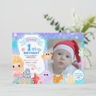 Fairy First Purple Sea Photo 1st Birthday  Einladung