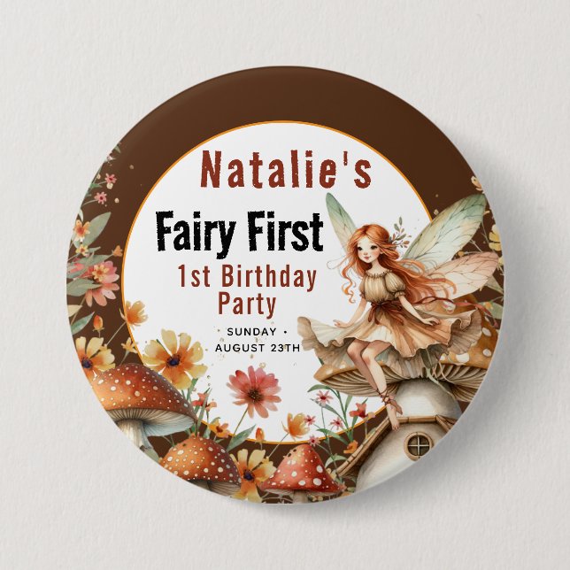 Fairy First Theme Girl's 1. Geburtstag Party Button (Vorderseite)