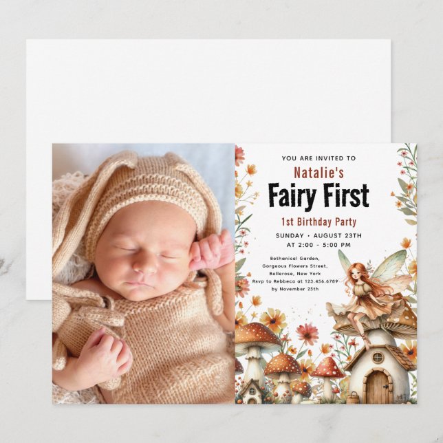 Fairy First Theme Girl's 1. Geburtstag Party Einladung (Vorne/Hinten)