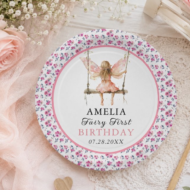 Fairy First Watercolor Floral Girls 1. Geburtstag Pappteller (Fairy First Watercolor Floral Girls 1st Birthday Paper Plates)