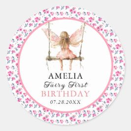 Fairy First Watercolor Floral Girls 1. Geburtstag Runder Aufkleber