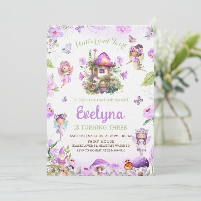 Fairy Flutter wirbelnd Lila Geburtstagseinladung Einladung (Stehend Vorderseite)