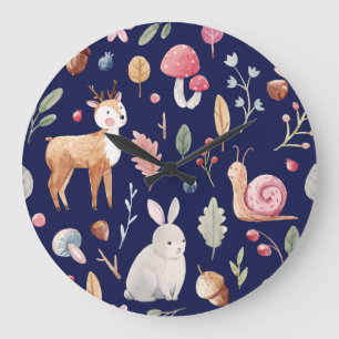 Fairy Forest Animals Children's Watercolor Große Wanduhr