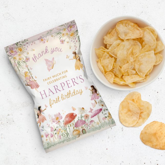 Fairy Garden Birthday Chip Bag Wrapper Flyer (First first birthday chip bag wrappers)