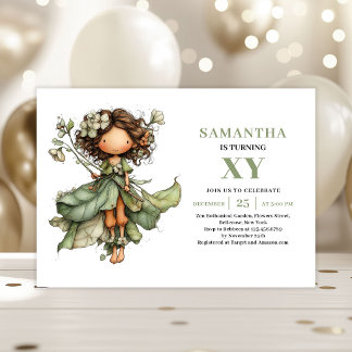 Fairy Girl Birthday Dusty Green Floral Invitation Einladung