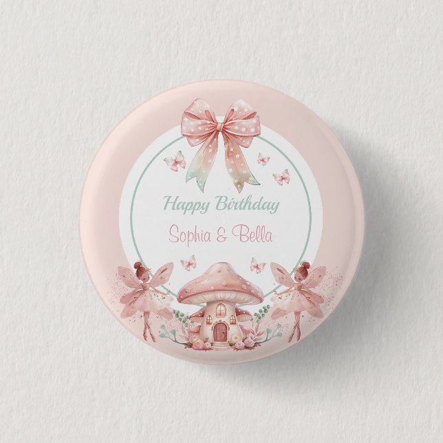 Fairy Girls Mushroom House Ribbon Twins Geburtstag Button (Vorderseite)